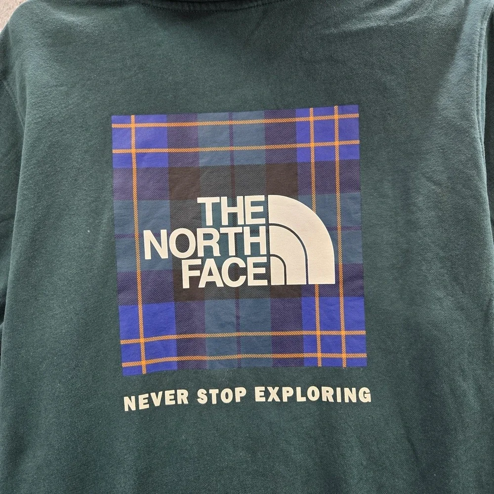 The‎ North Face Men Hoodie L Teal Graphic Fleece Logo Plaid Activewear Long
